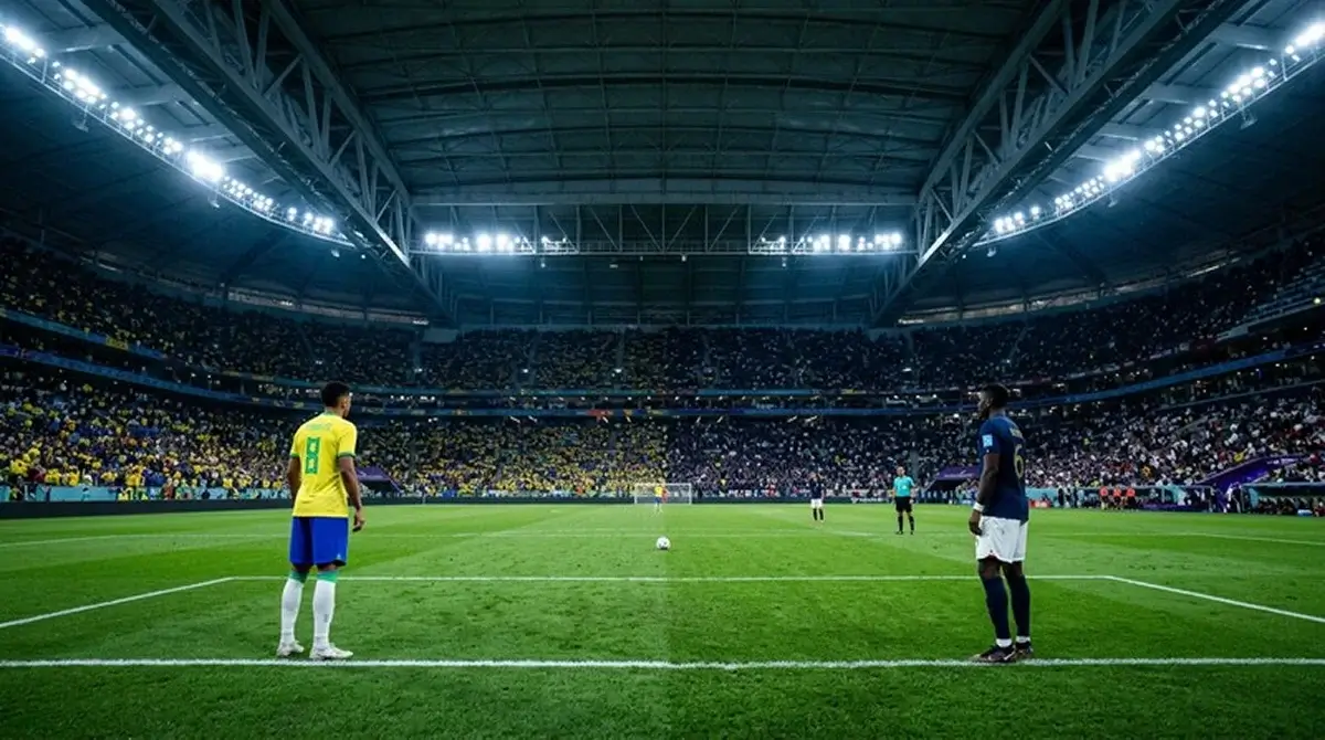 Stadiona panorāma 1/16 fināla mača noskaņojumā ar dzeltenā un zilā krāsā ietērpiem līdzjutējiem