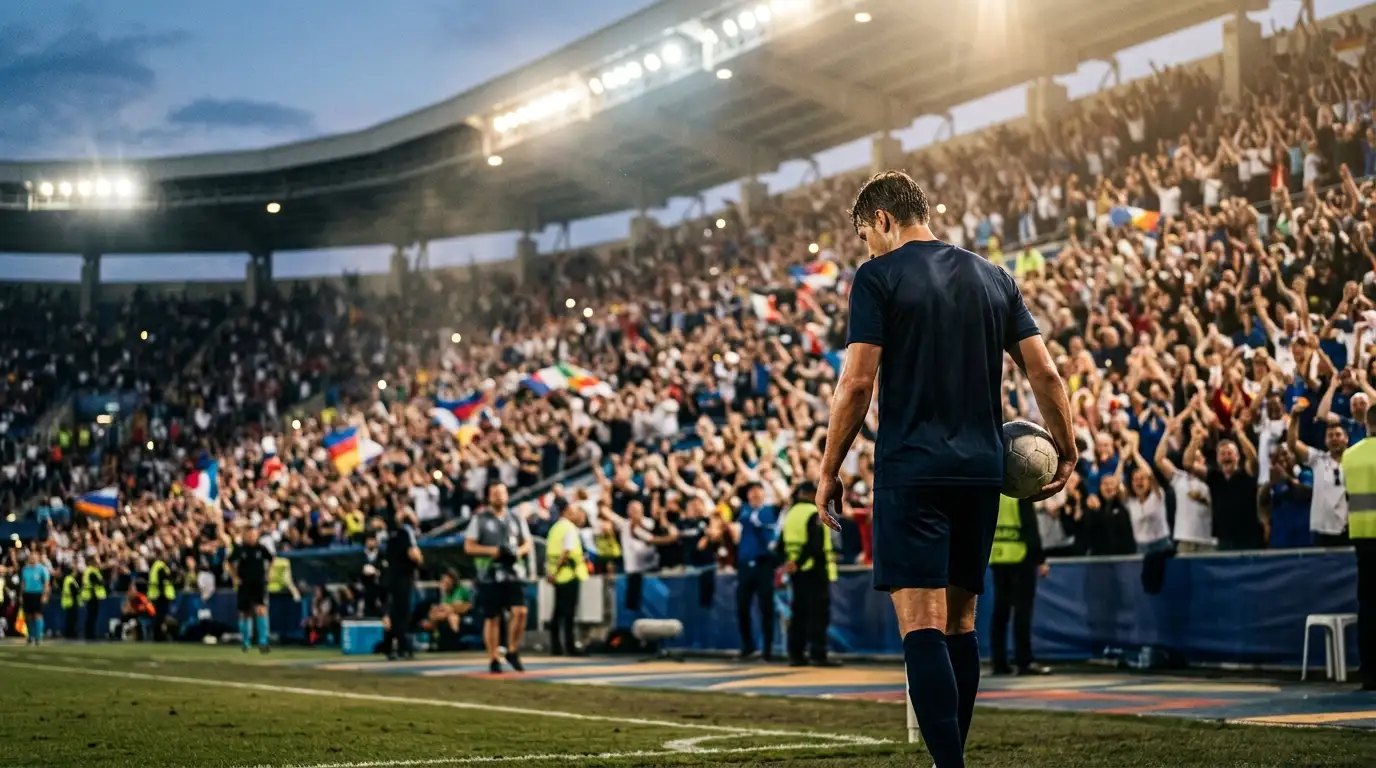 ČM 2026 čempiona trofejas simboliska ilustrācija uz apgaismota stadiona fona