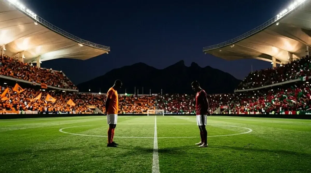 Stadiona panorāma 1/16 fināla mača noskaņojumā ar oranžā un sarkanā krāsā ietērpiem līdzjutējiem