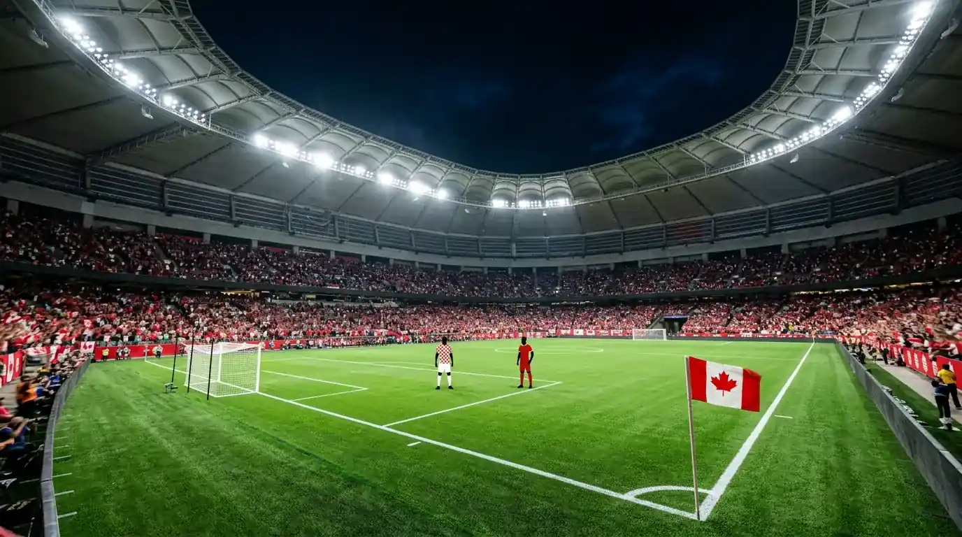 Mākoņains stadiona vakars Toronto ar pacelšanas vārtiem aizmugurē un divām pretspēlētāju siluetēm