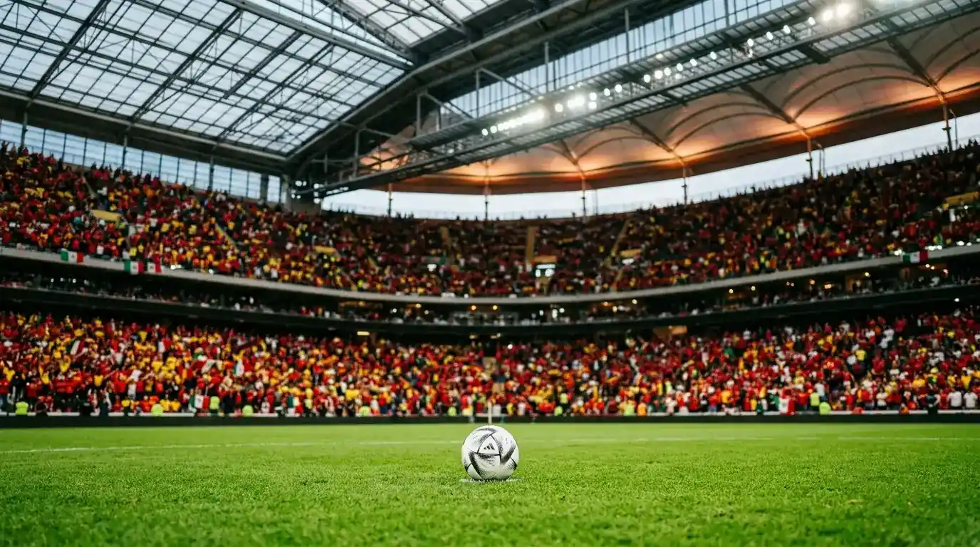 AT&T stadions Arlingtonā ar aizvērtu jumtu, sarkano un sarkandzelteno līdzjutēju pūlis pirms Ibērijas derbija