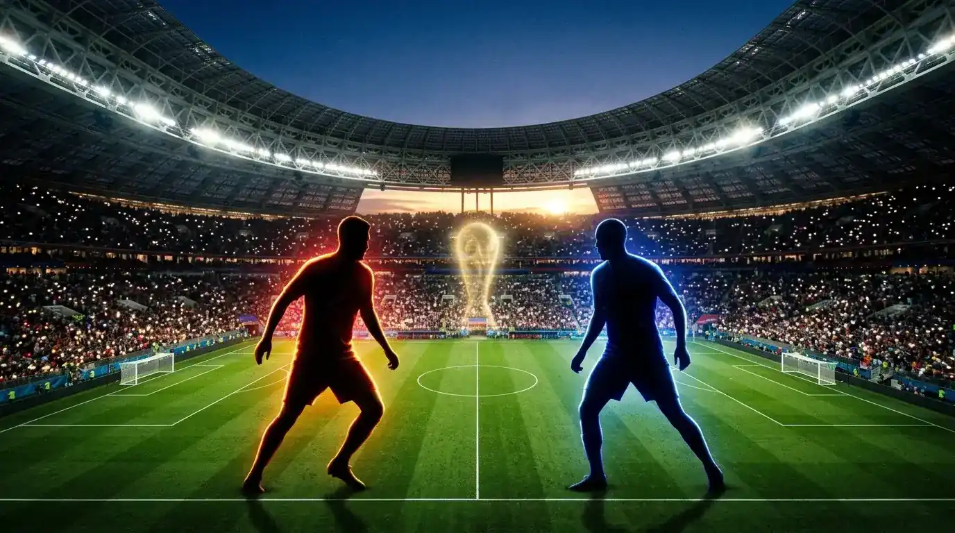 Divi finālisti simboliski pretstatīti uz apgaismota stadiona fona pēc pusfinālu noslēguma