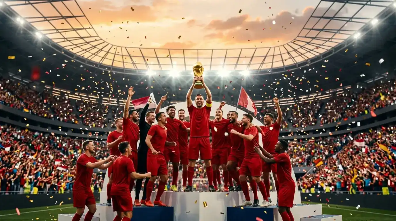 Spānijas komanda ar zelta kausu paceltu virs galvām uz apgaismota stadiona pjedestāla pēc 2026. gada Pasaules Kausa izcīnīšanas