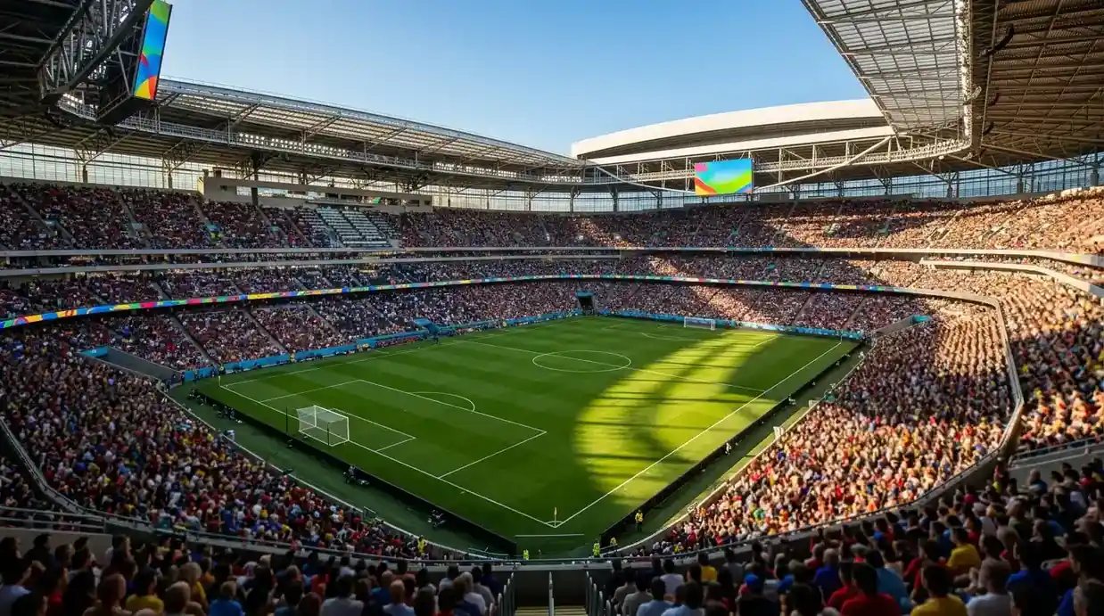 Fināla stadions saulainā pēcpusdienā ar pilnām tribīnēm un tukšu laukumu pirms izšķirošā mača