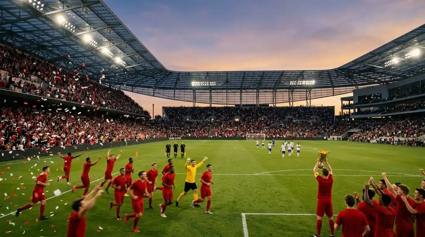 Spānijas spēlētāji svin uz MetLife stadiona zaļā laukuma pēc 2026. gada Pasaules Kausa fināla izcīnīšanas