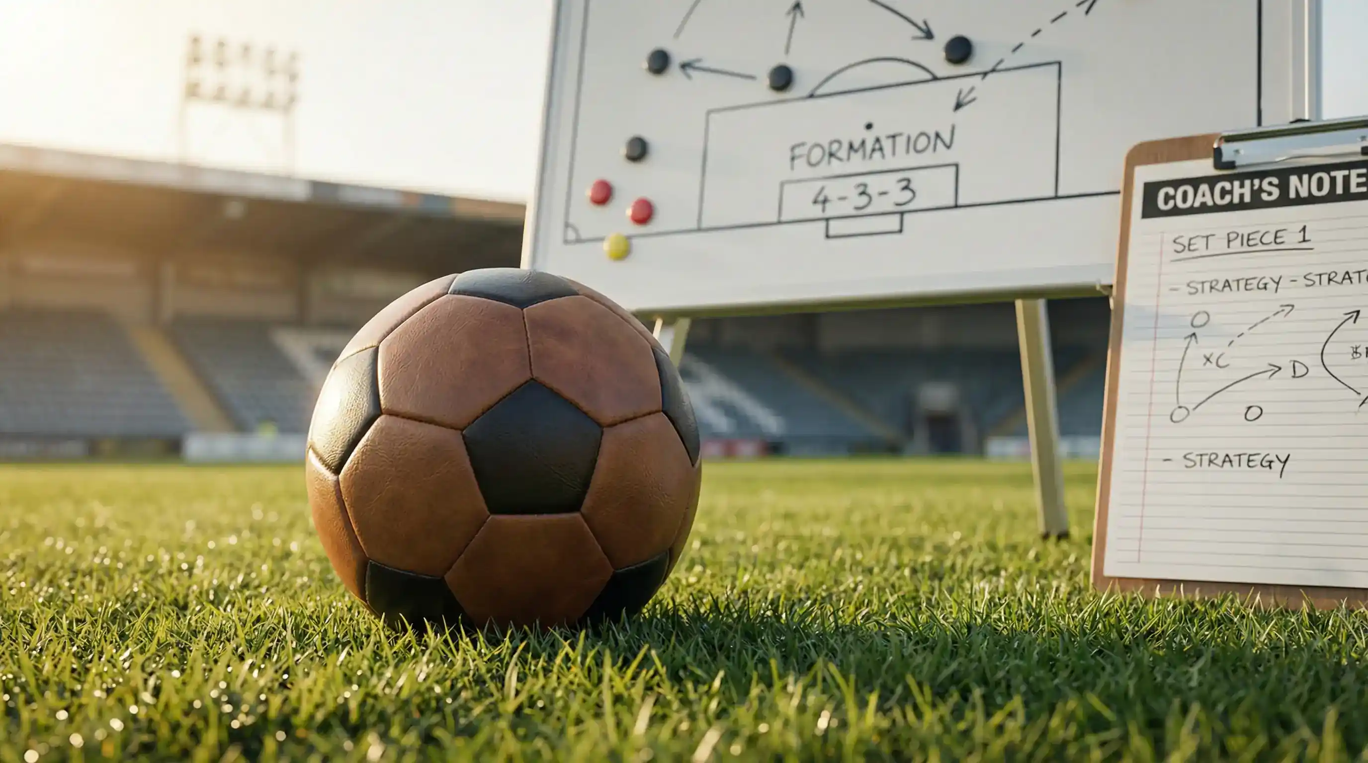 Futbola bumba un stratēģijas taktiskā tāfele uz zaļa laukuma