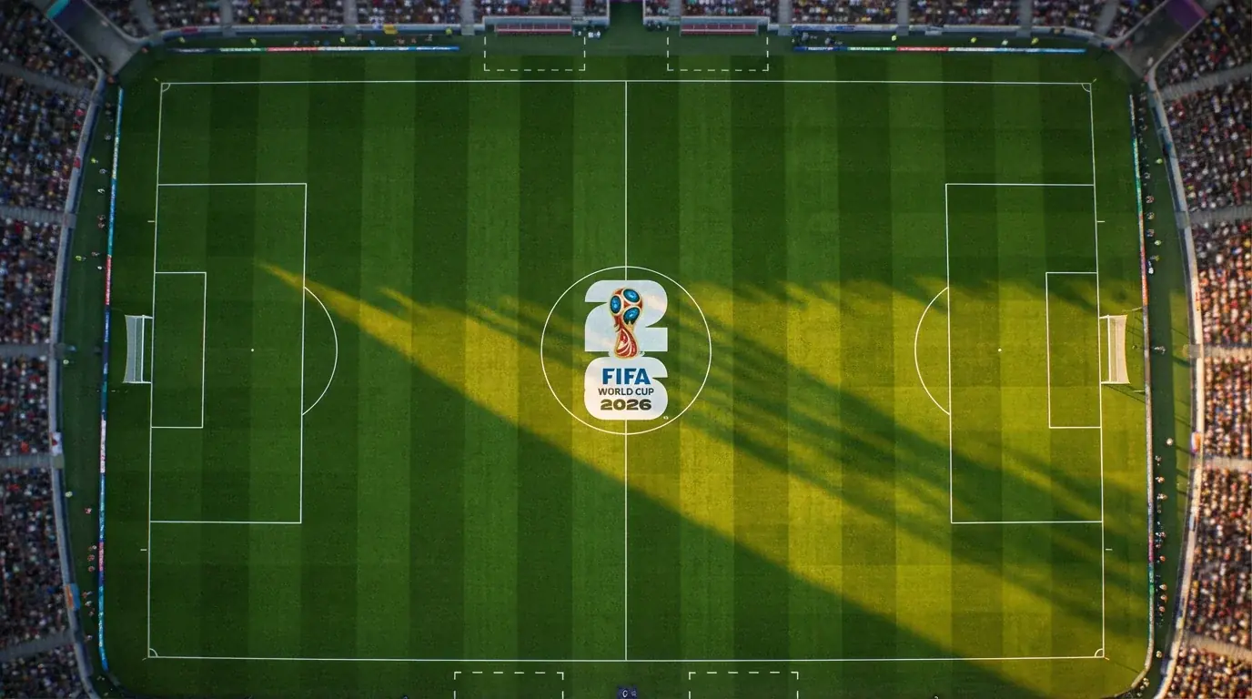 FIFA Pasaules Kausa 2026 logo uz zaļa futbola laukuma