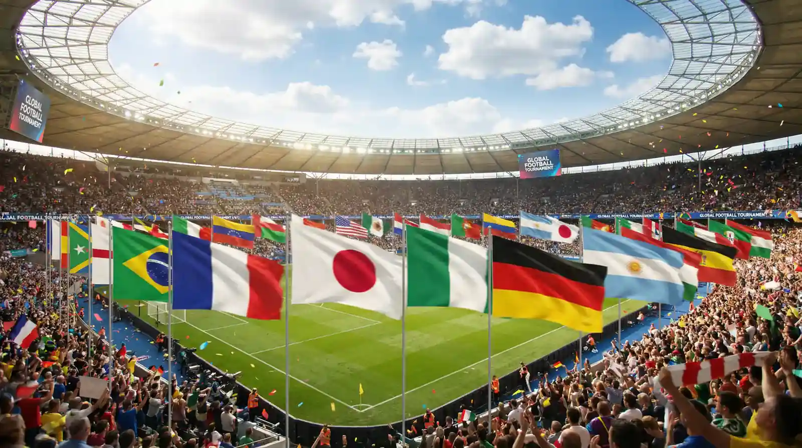 Pasaules Kausa 2026 dalībvalstu karogi uz futbola laukuma fona