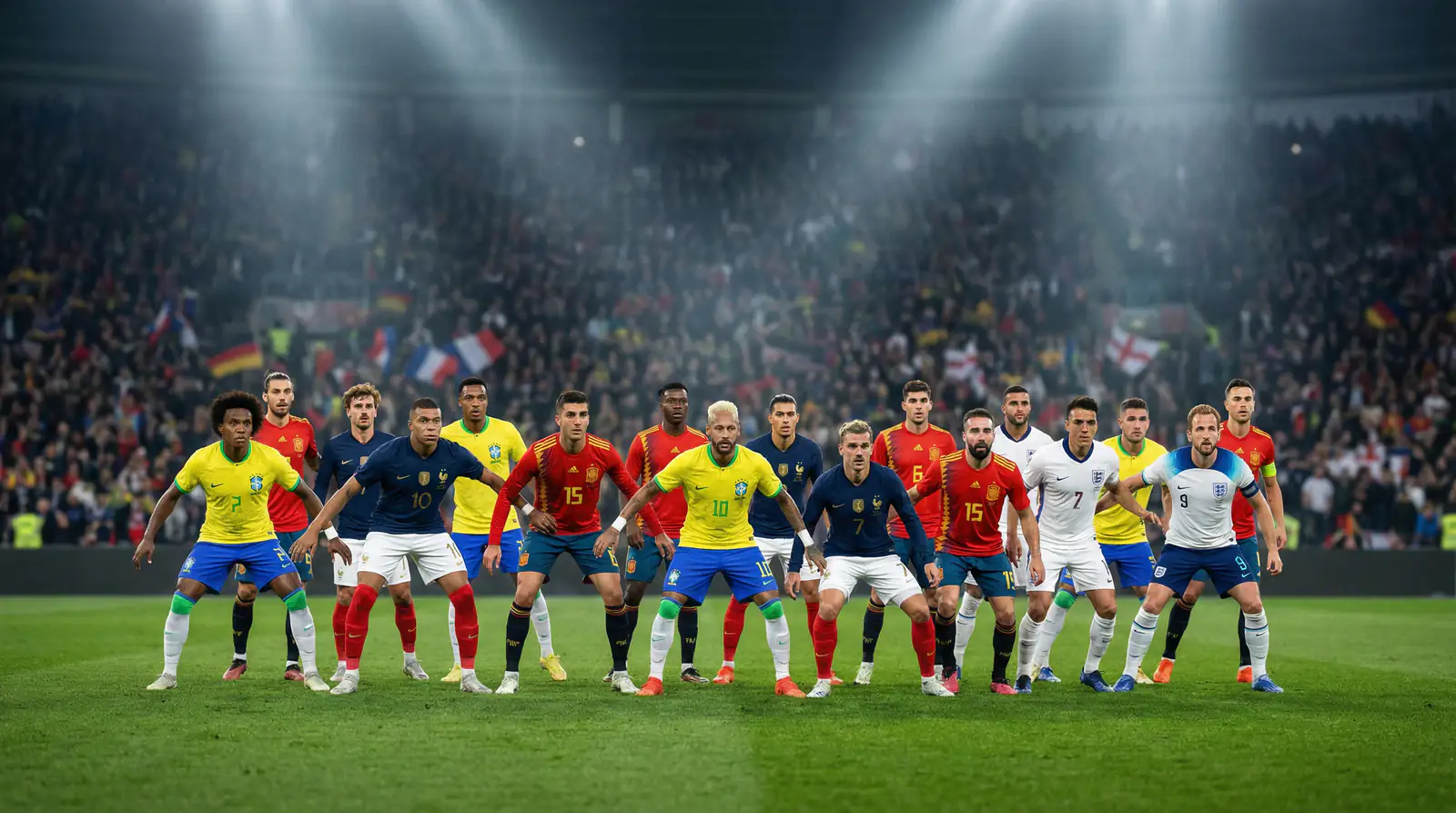 Futbola spēlētāji dažādu valstu formās uz stadiona laukuma
